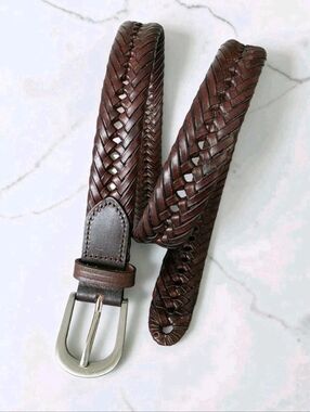 Brown Woven Genuine Leather Belt Bonded Backing Silver Buckle Unisex Size 34